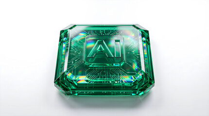 Fototapeta premium Emerald Green Transparent AI Processor Crystal Chip 3D on White Background