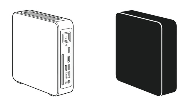 Compact Computing Devices: Two compact computing devices are shown, one in a technical illustration showcasing its ports and buttons, and the other as a solid black silhouette.