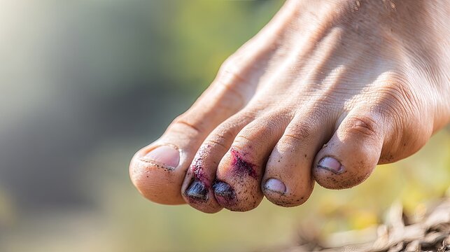 Close-up of Injured Foot with Bruised Toes and Dirt Outdoors