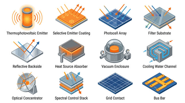 Isometric Thermophotovoltaic and Solar Energy Technology Components Icon Set for Scientific Presentation Materials and Infographics, Vector Illustration of Photocell, Emitter and Grid Contact