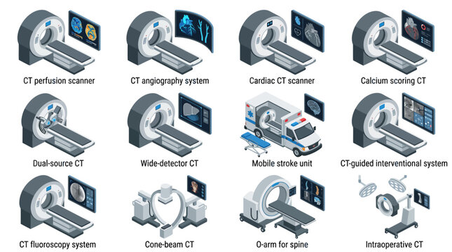 Isometric Medical CT Scanner Icon Set, Diagnostic Imaging Equipment and CAT Scan Machine Vectors for Healthcare Infographics, Hospital Presentation and Digital Design