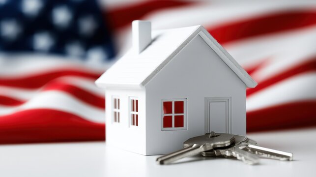 Small white model house with keys and blurred American flag in background, symbolizing home ownership and the American dream in the United States.