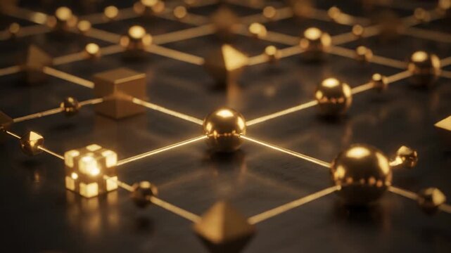 Golden network of connected shapes with spheres, cubes, pyramids and lines