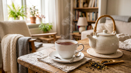 Fototapeta premium Mockup ultra realista de una taza de porcelana blanca con té caliente y delicado vapor, colocada sobre una mesa de madera junto a una tetera de cerámica y hojas secas. Fondo desenfocado.
