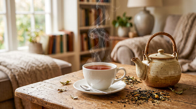 Mockup ultra realista de una taza de porcelana blanca con t&eacute; caliente y delicado vapor, colocada sobre una mesa de madera junto a una tetera de cer&aacute;mica y hojas secas. Fondo desenfocado.