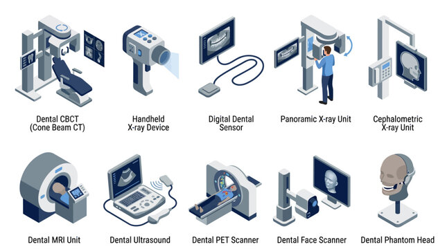 Isometric Dental Diagnostic and Imaging Equipment Icon Set, Vector Illustration of Medical X-ray, CBCT, MRI, and Ultrasound Devices for Healthcare Presentation and Website Design