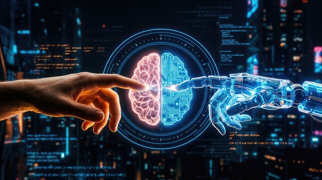 Human and robotic hands touch near glowing brain circuit