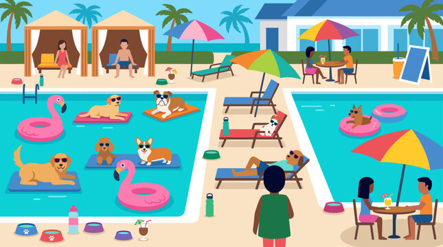 Happy dogs and people enjoying a vibrant summer pool party vacation together.