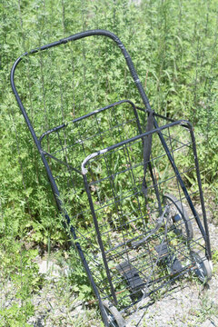 abandoned old shopping cart in the grass