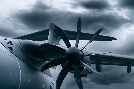 Close view of large turboprop propeller military transport aircraft, dramatic cloudy sky. Powerful aerospace propulsion system, engineering precision, aerodynamic efficiency, advanced aviation technol