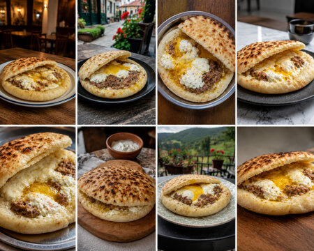  Collage con distintas presentaciones de jachapuri megruli reci&eacute;n horneado y relleno de queso.