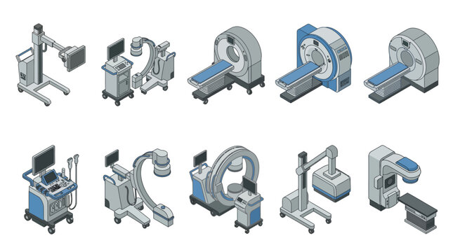 Isometric Medical Imaging Equipment Icon Set with MRI CT Scanner X-Ray Ultrasound and Radiotherapy Machines for Healthcare Infographics and Presentation Templates