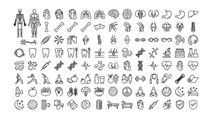 Fototapeta premium Set of 100 Human Anatomy and Health Outline Icons Vector