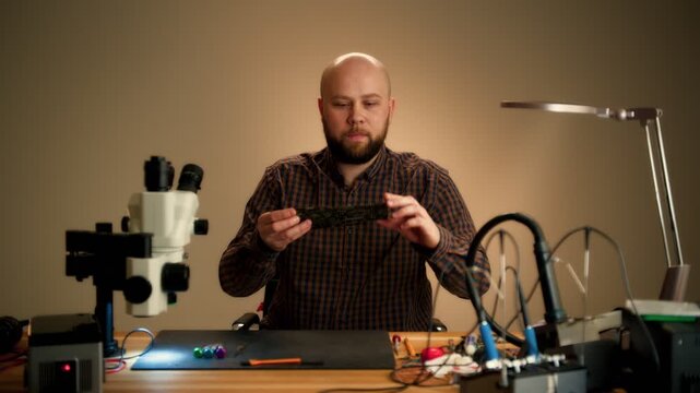 Repair Technician Soldering Circuit Board at Workbench