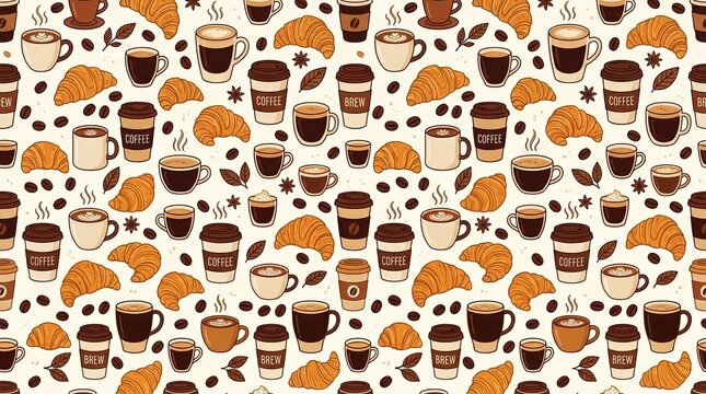 Cozy pattern of coffee cups and croissants.