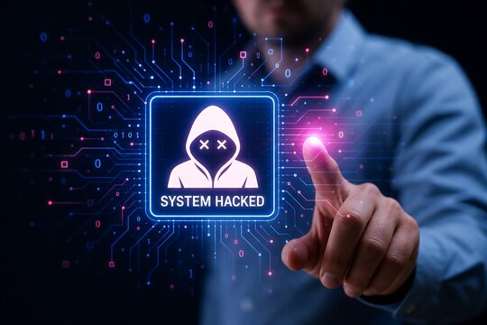 Hacker pressing digital button with system hacked warning on futuristic interface