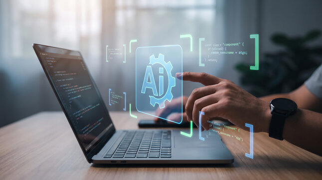 artificial intelligence software development laptop programming hologram digital technology concept machine learning code