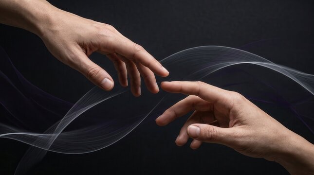 Human hands reaching for connection with elegant abstract light trails, reaching