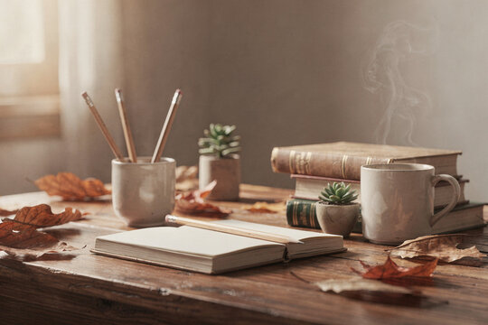 Cozy Autumn Study Desk with Books and Steaming Mug