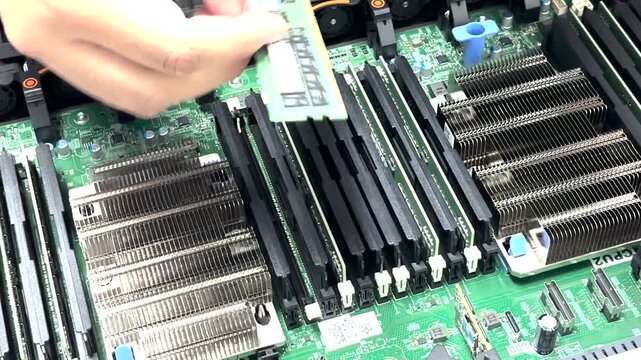 The system administrator is installing RAM into the server's slots