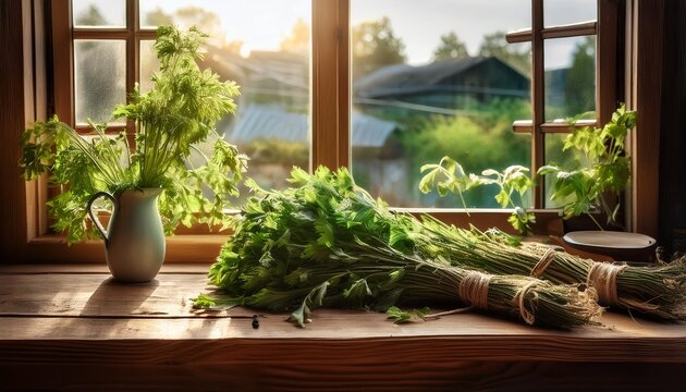 rustic kitchen windowsill with bundles of drying lovage herbs on a wooden surface in soft afternoon light