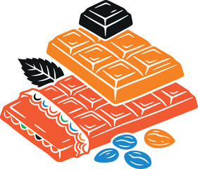 Chocolate bar isometric illustration with almonds and mint leaf for confectionery packaging design and candy shop branding featuring orange and blue accents for modern snack product marketing. © Green Man