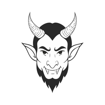 Illustration of a devil face with horns pointed ears and sharp teeth showing an evil grin