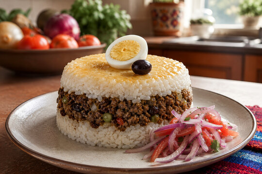Causa peruana elaborada con capas de papa amarilla y pollo desmenuzado, coronada con huevo cocido y aceituna negra, servida como una especialidad cl&aacute;sica de la gastronom&iacute;a peruana.
