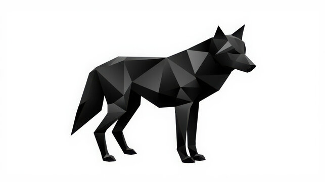 Black origami wolf standing on white background