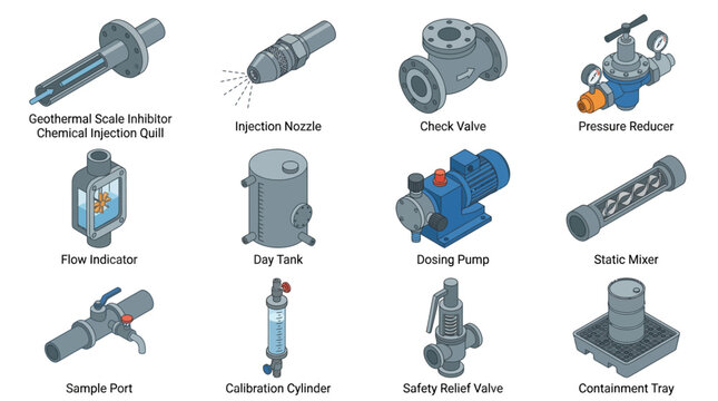 Isometric Industrial Piping and Chemical Dosing Equipment Icon Set for Engineering Diagrams and Fluid Control Systems Vector Illustration