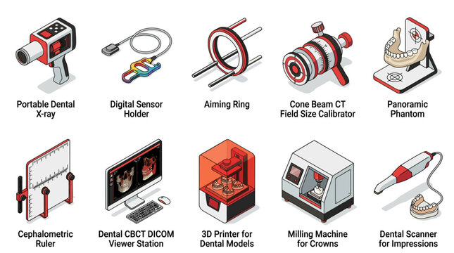 Isometric dental equipment icon set for modern digital dentistry and lab technology including 3D printer, intraoral scanner, milling machine, CBCT viewer, and x-ray tools on white background