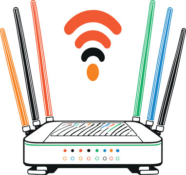 Wireless internet router device with colorful antennas and connectivity signal icon isolated on transparent background for telecommunications network infrastructure or digital technology concept art.