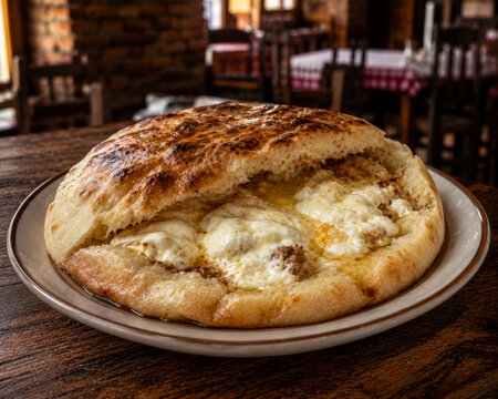 Khachapuri reci&eacute;n horneado con masa esponjosa y abundante queso fundido en el interior, servido caliente como una receta tradicional de la gastronom&iacute;a georgiana.