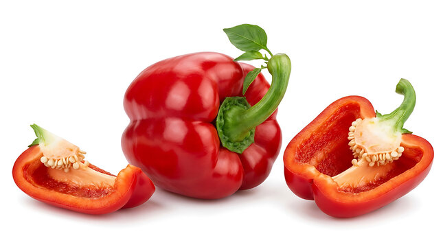 Fresh Red Bell Pepper Whole And Sliced Pieces On White Background For Healthy Cooking