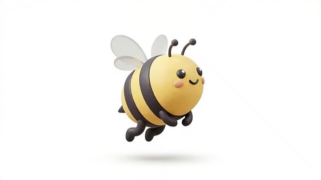 A happy cartoon bee is jumping in the air with a smile.
