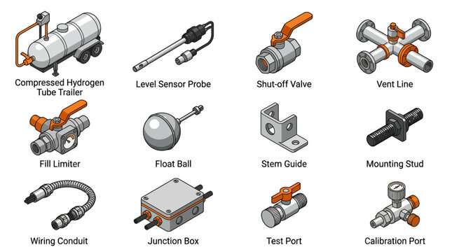 Isometric Industrial Gas and Hydrogen Equipment Icon Set, Vector Plumbing Valves, Sensors, and Mechanical Components for Engineering Diagrams and Industrial Design Projects