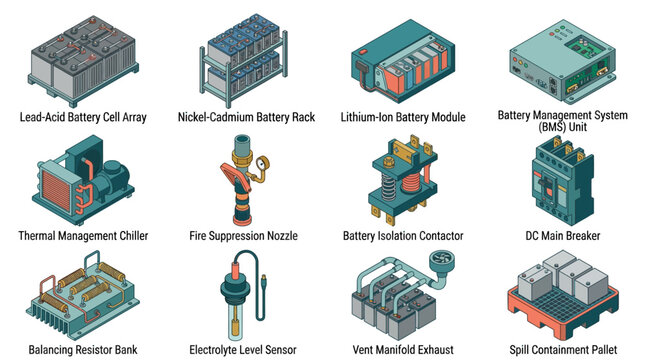 Isometric battery energy storage system BESS components icon set featuring lithium-ion module, BMS unit, thermal chiller, and safety equipment for renewable energy presentation materials