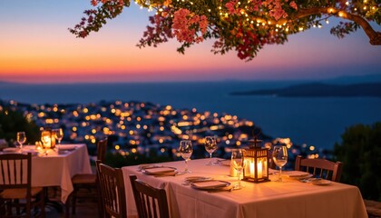 Fototapeta premium Restaurant terrace for romantic dining with scenic mediterranean sunset coastal view