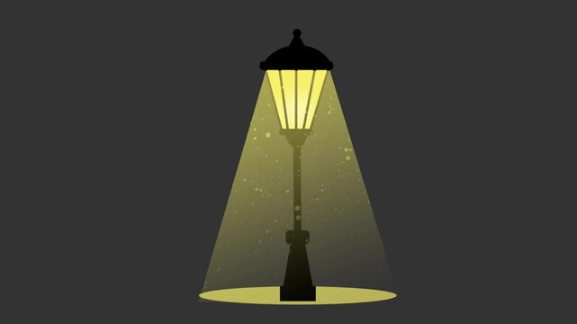 A classic vintage lamppost illuminates the darkness with a bright yellow light cone filled with floating dust particles.