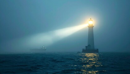Dramatic lighthouse beam guiding a ship through misty night ocean © Domurigu