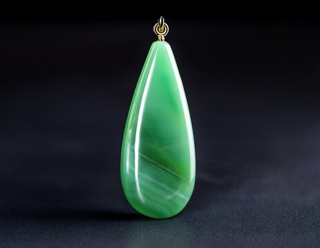 a slender green jade pendant shaped like a silique on a dark background