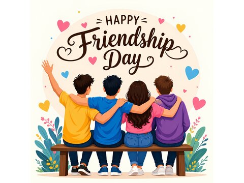 happy friendship day friends sitting together flat vector illustration
