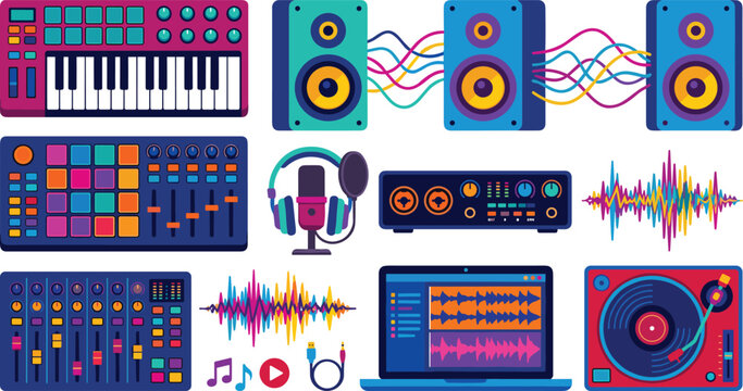 Music Production and Sound Engineering Studio Vector Icon Set with MIDI Keyboards, Audio Mixers, Studio Monitors, Turntables, and Digital Audio Workstations