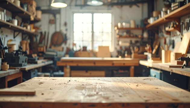 Empty Wooden Workbench in a Sunlit Carpentry Workshop