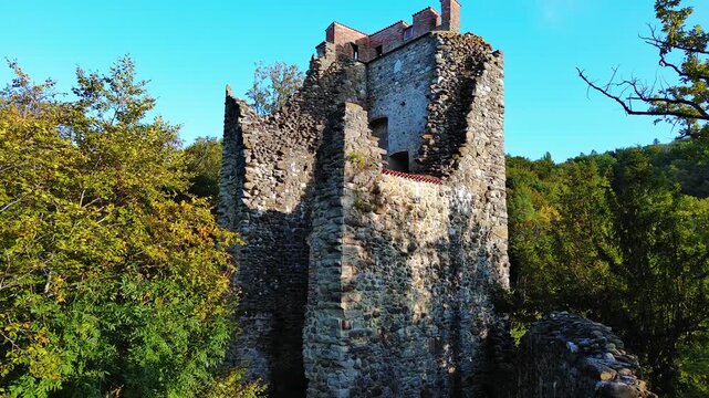 Ancient Stone Castle Ruin Stands Tall Amidst Lush Autumnal Forest