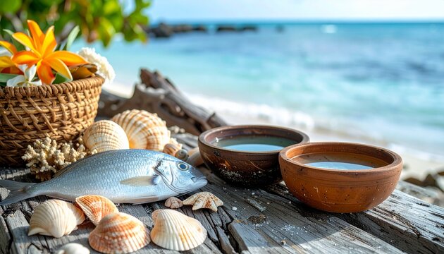 Fresh Raw Fish and Seashells on Rustic Tropical Beach Table