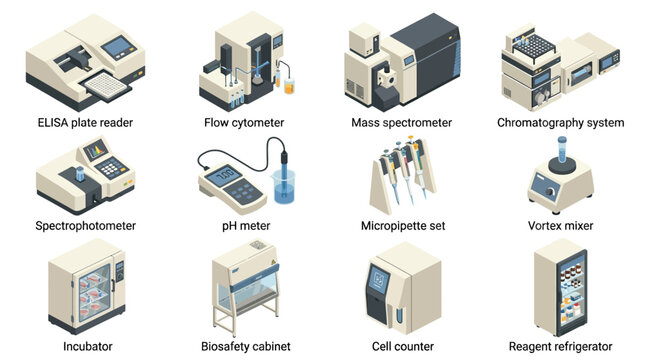 Isometric Laboratory Equipment Icon Set with ELISA Plate Reader Mass Spectrometer and Pipettes for Scientific Infographics and Biotech Presentations