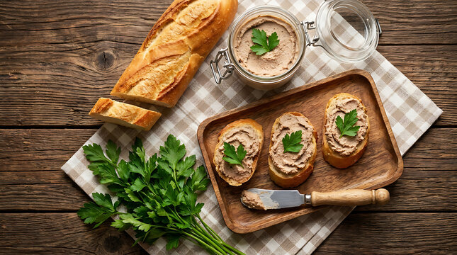 Fresh Baguette Slices With Creamy Meat Pate On Wooden Board With Parsley Herbs
