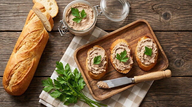 Delicious Homemade Liver Pate On Toasted Baguette Slices With Fresh Parsley And Bread