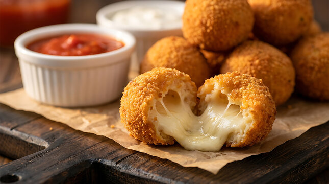 Crispy Fried Cheese Balls With Melting Mozzarella And Tomato Dipping Sauce On Wooden Board